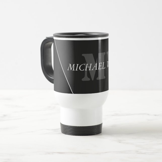 Modern Artistic Grey Black Monogram Travel Mug (Front Left)