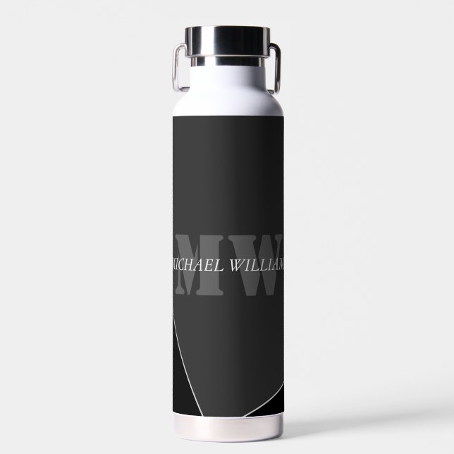Modern Artistic Grey Black Monogram Water Bottle (Front)