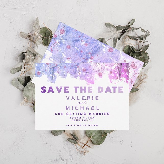 Modern Artistic Grunge Pink and Purple Wedding Save The Date (Creator Uploaded)