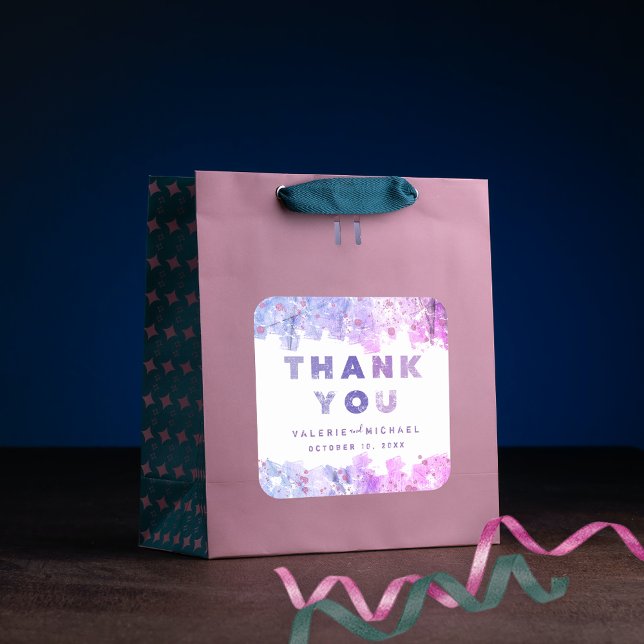 Modern Artistic Pink and Purple Wedding Thank You Square Sticker (Creator Uploaded)