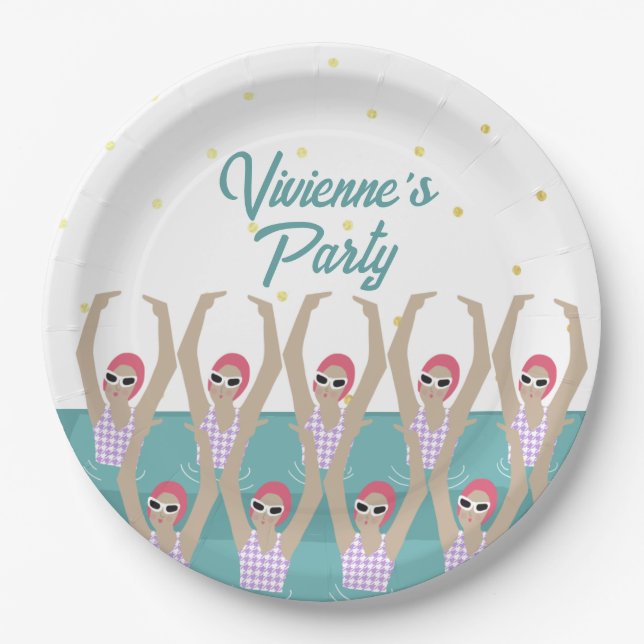Modern Artistic Swimmers Swimming Birthday Party Paper Plate (Front)