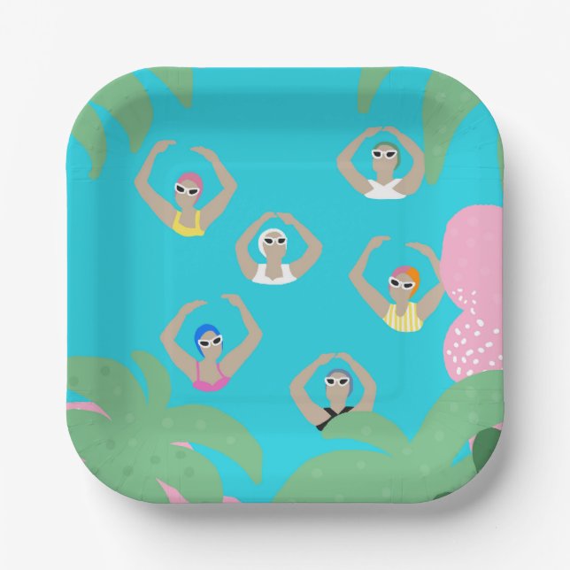 Modern Artistic Synchronised Swimmers Pool Paper Plate (Front)