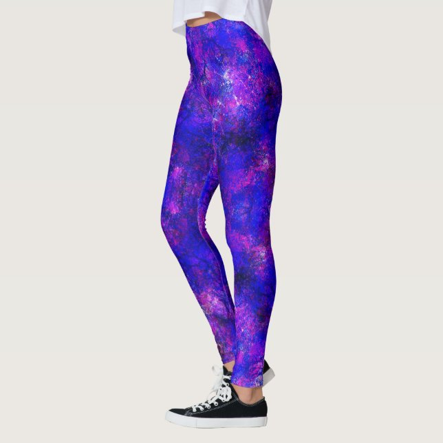 Modern Artsy Abstract Cosmic Purple Marble Paint Leggings (Left)