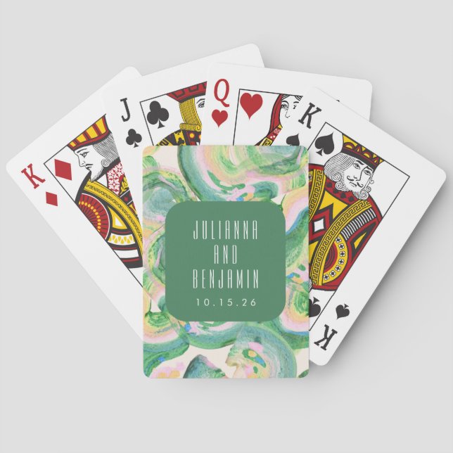 Modern Artsy Abstract Green Watercolor Wedding Playing Cards (Back)