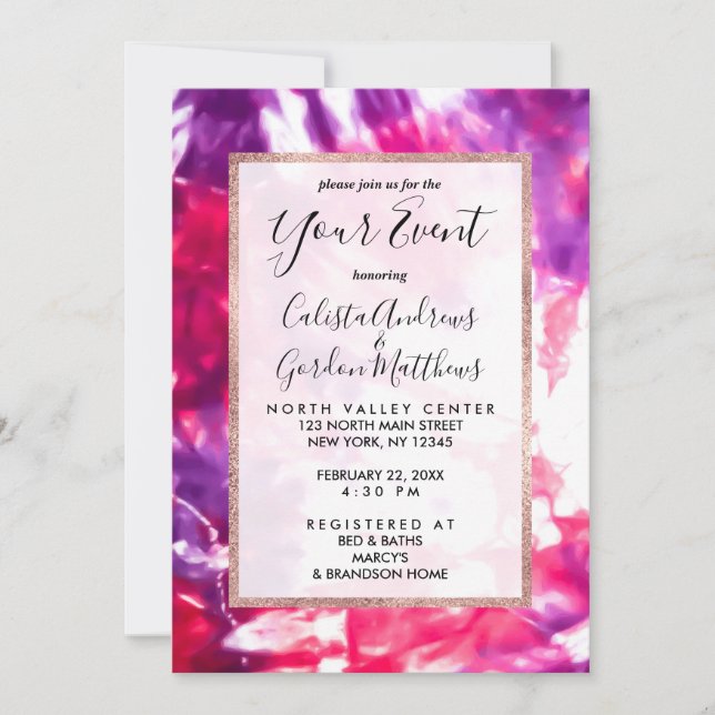 Modern Artsy Abstract Neon Pink Purple Tie Dye Invitation (Front)
