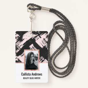 Modern Artsy Blush Pink Black Abstract Brushstroke ID Badge