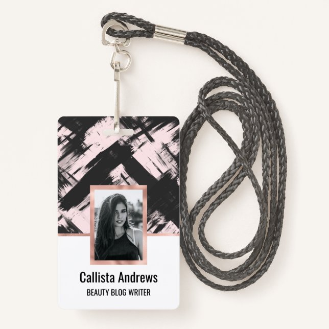 Modern Artsy Blush Pink Black Abstract Brushstroke ID Badge (Front with Lanyard)