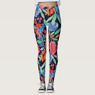 Modern Artsy Coral Blue Floral Watercolor Pattern Leggings