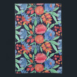 Modern Artsy Coral Blue Floral Watercolor Pattern Tea Towel<br><div class="desc">This artsy and modern print is perfect for the trendy and fashionable woman. It features hand-painted coral orange, coral pink, red, classic blue, and fern green flowers and leaves on top of a simple dark navy blue background, It's a modern, country, pretty, unique, and original design. Stylise with this hand-painted...</div>