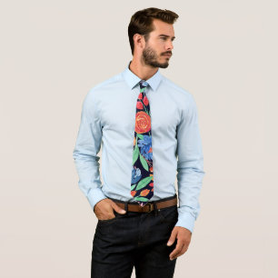Modern Artsy Coral Blue Floral Watercolor Pattern Tie