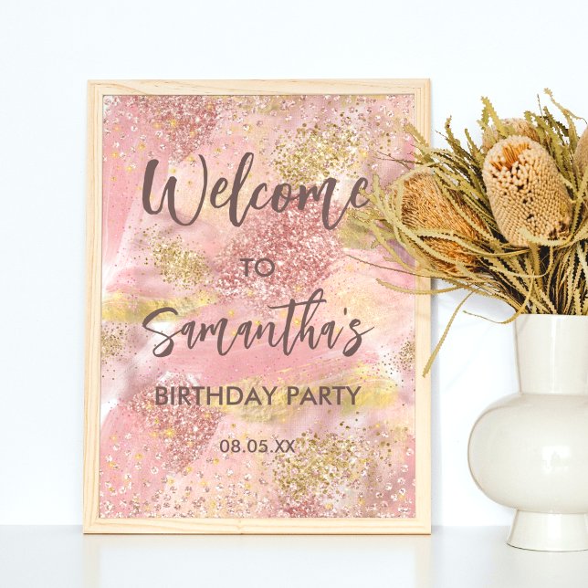 Modern Artsy Girly Pink Faux Gold Glitter Welcome Poster (Creator Uploaded)