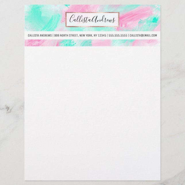 Modern Artsy Neon Pink Teal Abstract Paint Custom Letterhead (Front)