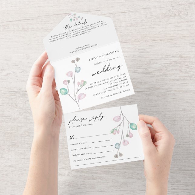 Modern Artsy Pastel Leaves Pink Teal Wedding All In One Invitation (Tearaway)