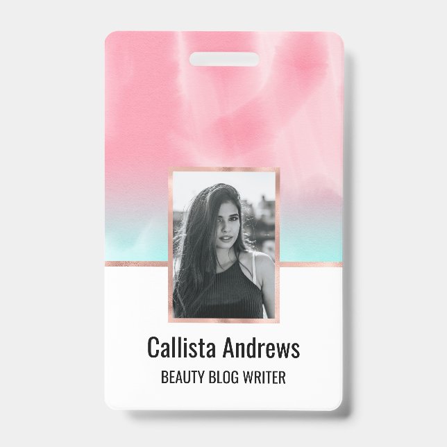 Modern Artsy Pink Aqua Watercolor Gradient ID Badge (Front)