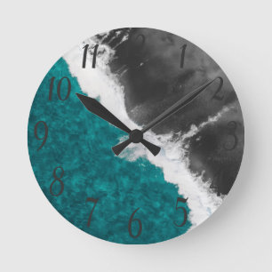 Modern Artsy Teal Blue Black Ocean Beach Waves Round Clock