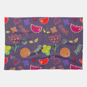 Modern arty purple and pink flowers tea towel