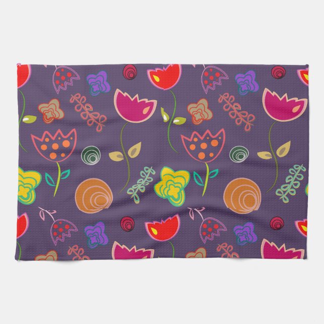 Modern arty purple and pink flowers tea towel (Horizontal)