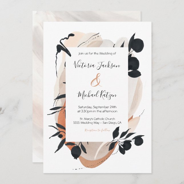 Modern Asian Ink & Watercolor Neutral Wedding Invitation (Front/Back)