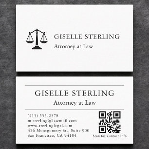 Modern Attorney at Law QR Code White Black Business Card