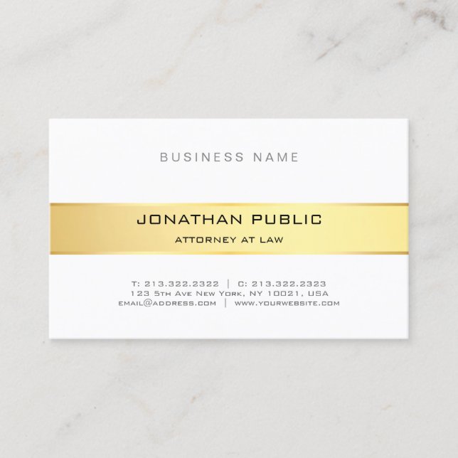 Modern Attorney Law Office Gold White Elegant Business Card (Front)