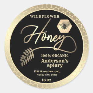 Modern attractive black gold bee script honey classic round sticker