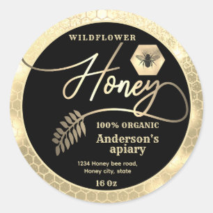 Modern attractive sparkle gold bee script honey classic round sticker