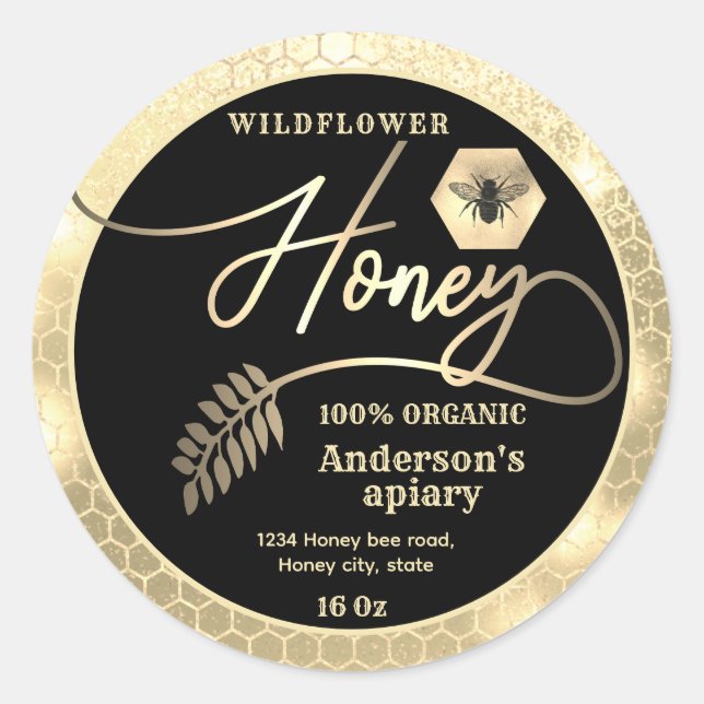 Modern attractive sparkle gold bee script honey classic round sticker (Front)
