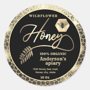 Modern attractive sparkle gold bee script honey classic round sticker