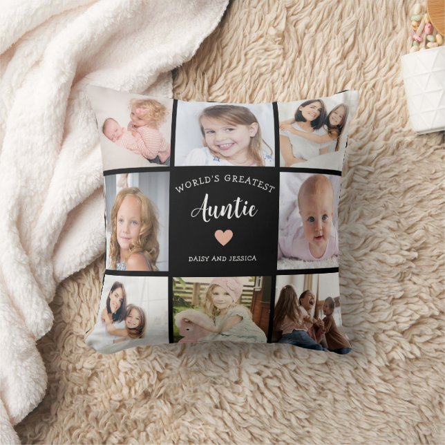 Modern Auntie Custom Photo Collage Pink Heart Cushion (Blanket)