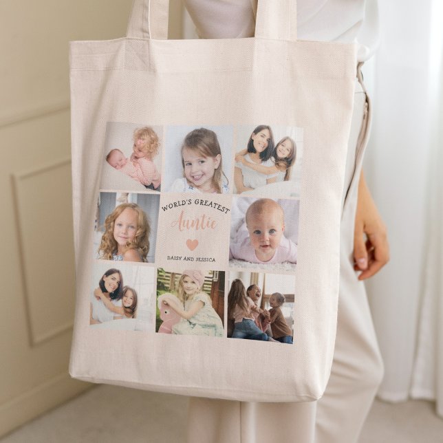 Modern Auntie Custom Photo Collage Pink Heart Tote Bag (Creator Uploaded)