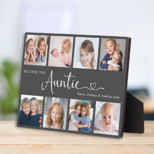 Modern Auntie Photo Collage Heart Script Plaque