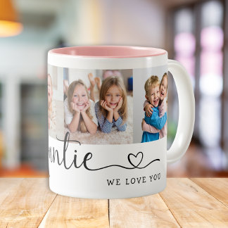 Modern Auntie We Love You 4 Photo Collage Two-Tone Coffee Mug
