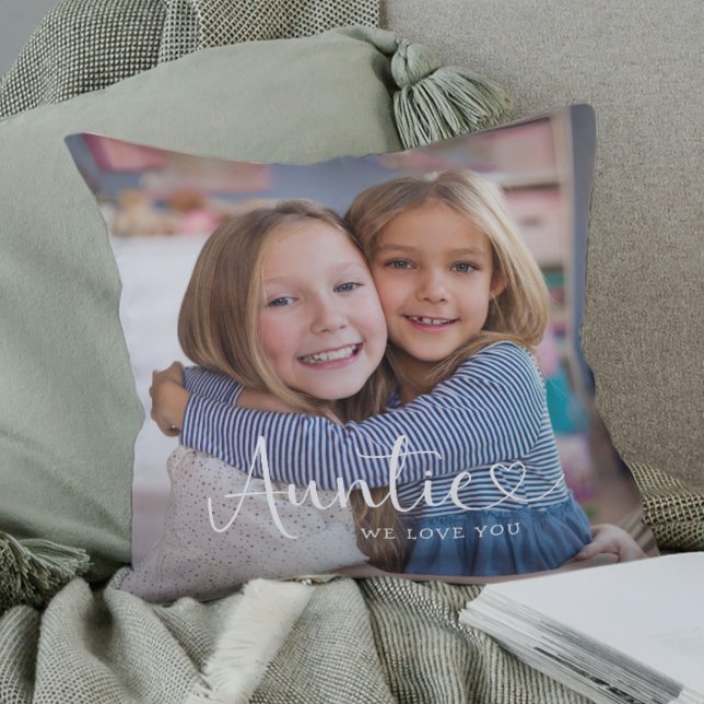 Modern Auntie We Love You Cute Heart 2 Photo Cushion (Creator Uploaded)