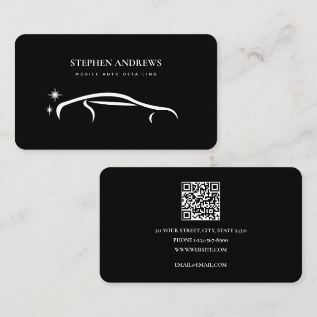 Modern Auto Detailing Cleaning Car Repair QR Code  Business Card (Front/Back)