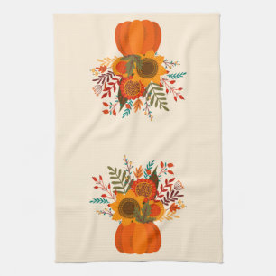 Modern Autumn Flowers in Pumpkin Tea Towel