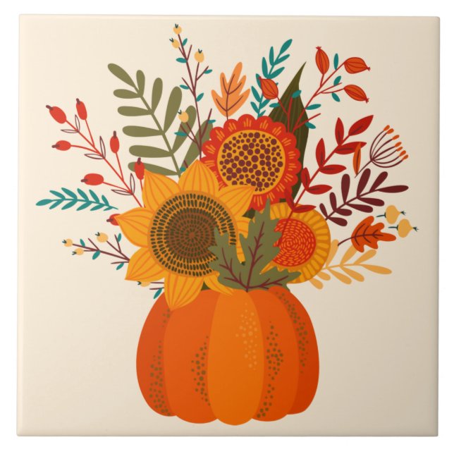 Modern Autumn Flowers in Pumpkin Tile (Front)