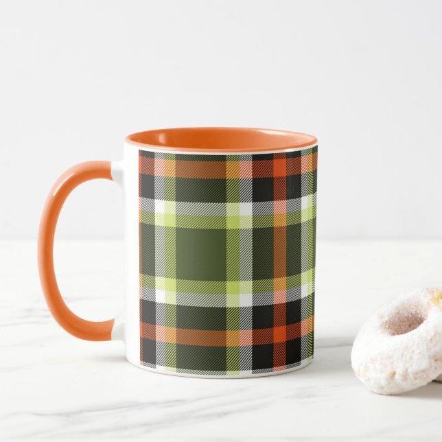 Modern Autumn Foliage Plaid Orange Khaki Pattern Mug (With Donut)