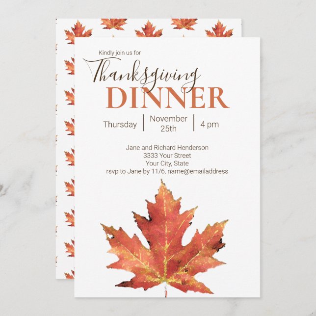 Modern Autumn Leaf Thanksgiving Dinner Invitation (Front/Back)