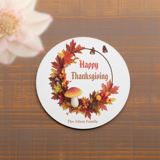 Modern Autumn Leave Happy Thanksgiving  Classic Round Sticker (Creator Uploaded)