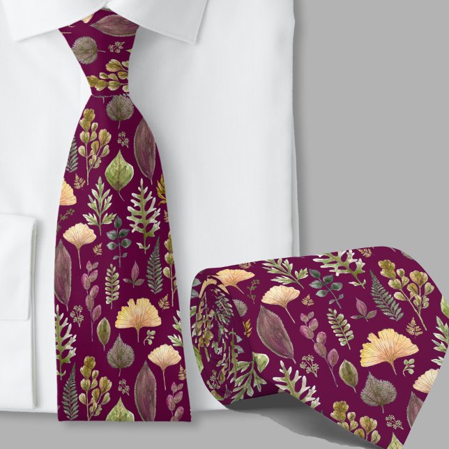 Modern autumn leaves pattern botanical burgundy tie (Creator Uploaded)