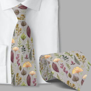 Modern autumn leaves pattern botanical grey tie