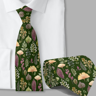 Modern autumn leaves pattern forest green tie