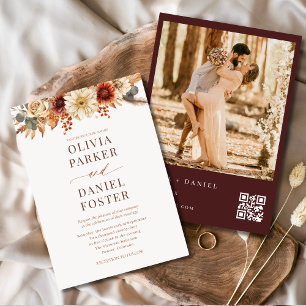 Modern Autumn Photo QR Code Fall Wedding Invitation