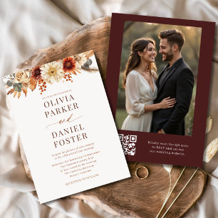 Modern Autumn Photo QR Code Fall Wedding Invitation