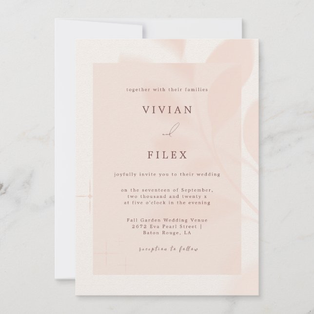 Modern Autumn Pink Floral Leave Shadow Wedding Invitation (Front)