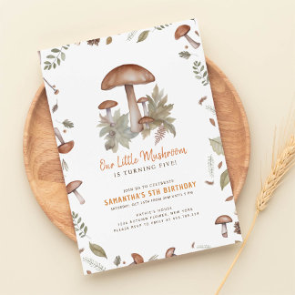Modern Autumn Porcini mushroom Forest birthday Invitation