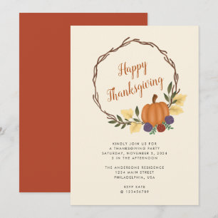 Modern Autumn Pumpkin Wreath Thanksgiving Party Invitation