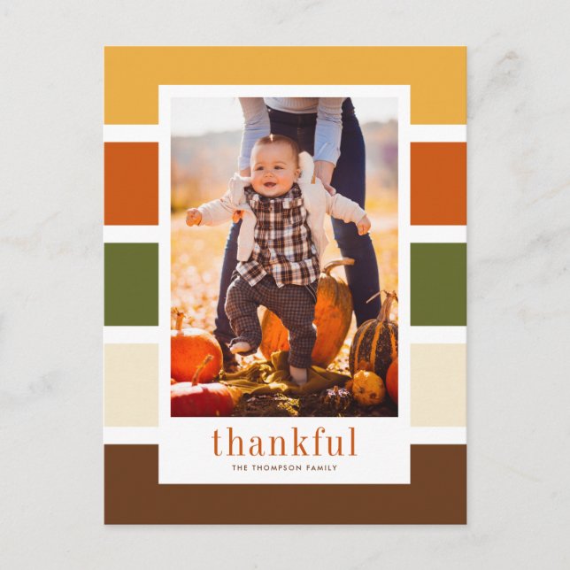 Modern Autumn Stripes Thankful Photo Thanksgiving Holiday Postcard (Front)