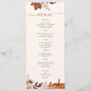 Modern autumn terracotta foliage ivory wedding menu