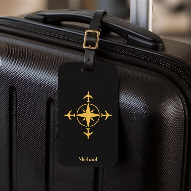 Modern Aviation Compass & Aeroplane,Black Custom Luggage Tag (Creator Uploaded)